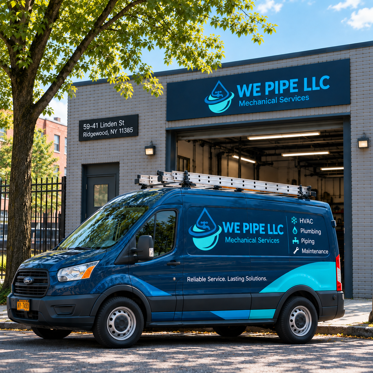 We Pipe LLC van parked outside the shop at 59-41 Linden St, Ridgewood, Queens