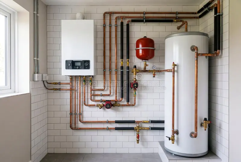 Residential boiler system with copper pipes and hot water cylinder, boiler repair and heating service in Brooklyn and Queens
