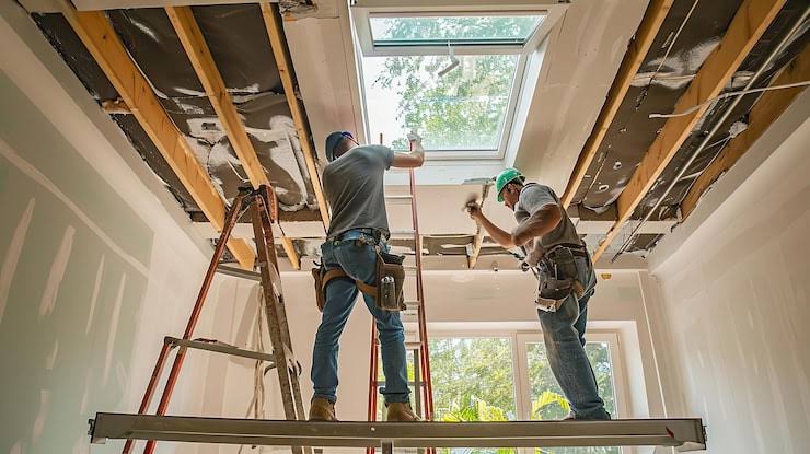Two workers on ladders installing ceiling systems during a gut renovation, plumbing installation and renovation in Brooklyn and Queens